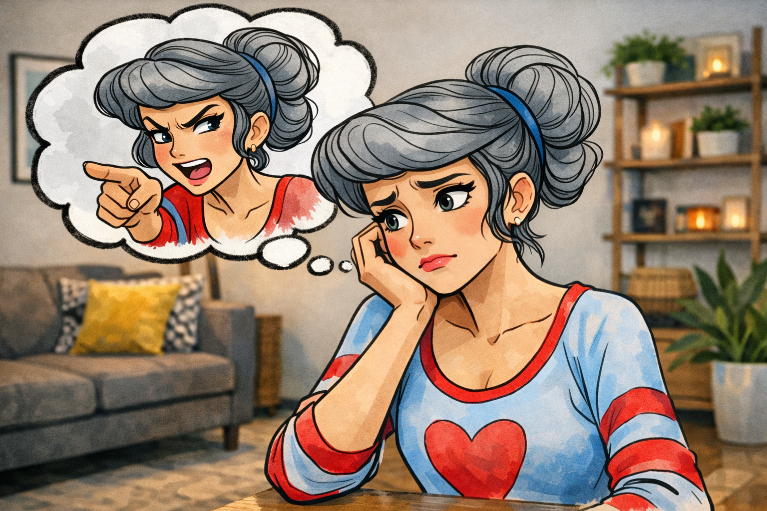 Eine gezeichnete Frau mit grauen Haaren sitzt nachdenklich in einem Wohnzimmer und stützt den Kopf auf die Hand. Sie wirkt traurig und erschöpft. Über ihrem Kopf erscheint eine Gedankenblase, in der dieselbe Frau wütend mit dem Finger auf jemanden zeigt und laut schimpft. Die Szene vermittelt Grübeln über einen Streit oder belastende Erinnerung.