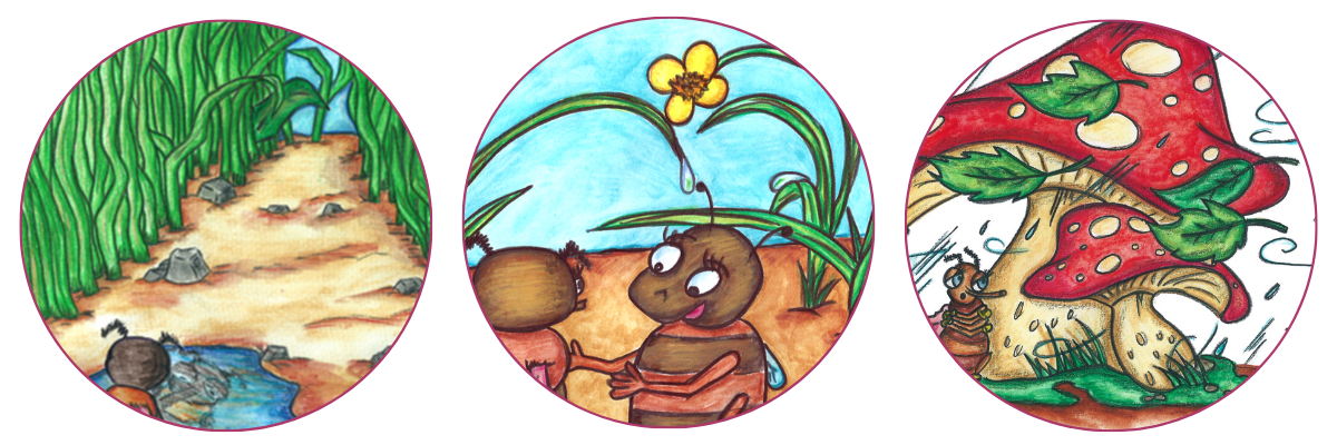 Drei Illustrationen aus dem Kinderbuch „Die kleine Müspe“: Zwei Insektenkinder im Gespräch unter Grashalmen, ein Marienkäfer sucht bei Regen Schutz unter einem Fliegenpilz, ein schmaler Pfad führt durch hohes Gras – gezeichnet von Yvonne Schütt.