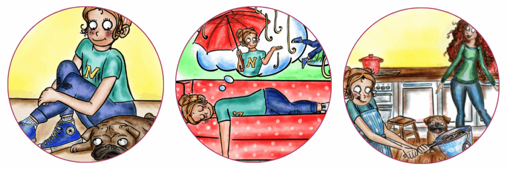 Illustrationen für das Buch Spagetthi Bollognette. Netti sitzt mit ihrem Hund auf dem Boden, Netti liegt auf dem Sofa und träumt und Netti kocht mit ihrer Mutter in der Küche.