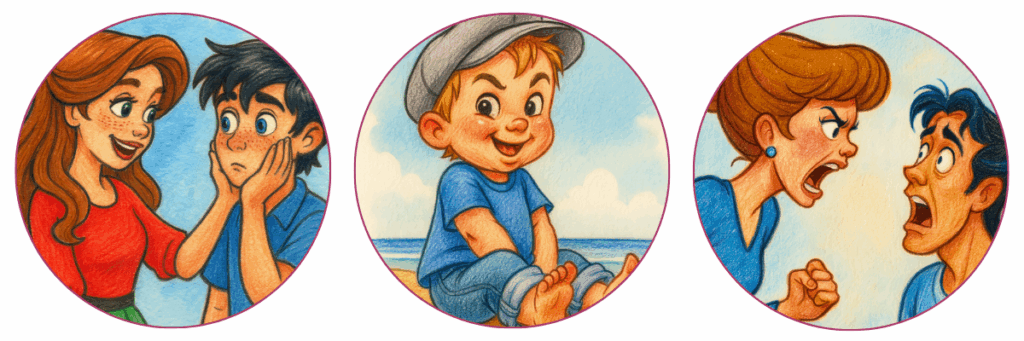 Hier sind drei Bilder zu sehen, auf dem ersten ein liebevolles Paar, auf dem zweiten ein frecher Junge am Strand und auf dem dritten Bild ein sich streitendes Paar.
