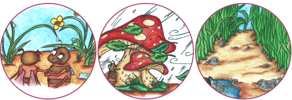 Drei Illustrationen aus dem Kinderbuch „Die kleine Müspe“: Zwei Insektenkinder im Gespräch unter Grashalmen, ein Marienkäfer sucht bei Regen Schutz unter einem Fliegenpilz, ein schmaler Pfad führt durch hohes Gras – gezeichnet von Yvonne Schütt.