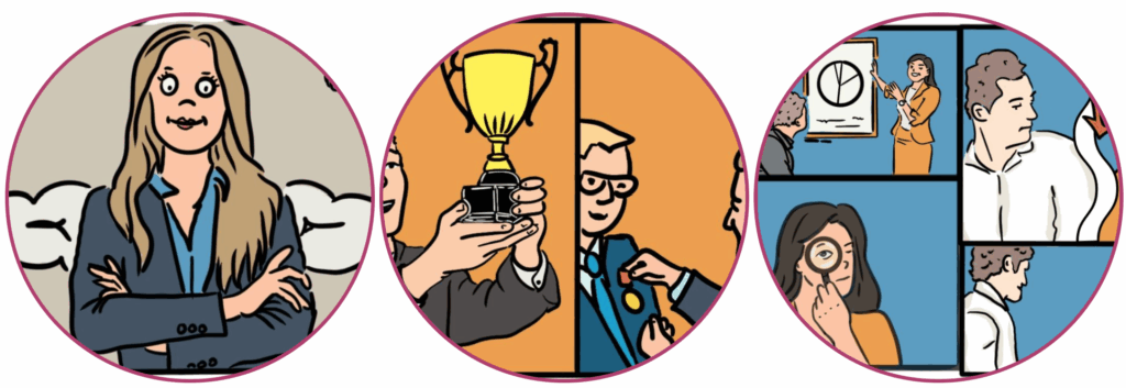 Dreiteilige Illustration im Comicstil aus einem Fachbuch über moderne Führung: Links steht eine selbstbewusste Frau mit verschränkten Armen, in der Mitte wird ein Pokal überreicht und ein Mann mit Medaille ausgezeichnet, rechts sind mehrere Szenen aus dem Arbeitsalltag zu sehen – mit Präsentationen, kritischen Blicken und einer Frau mit Lupe, die etwas genau betrachtet.