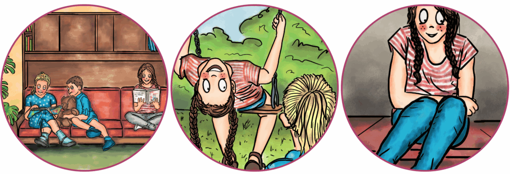 Drei Szenen aus dem Kinderbuch „Ferien in der DDR“: Drei Kinder lesen gemeinsam auf einem Sofa, ein Mädchen hängt kopfüber an einer Schaukel, ein anderes Mädchen sitzt mit geflochtenen Zöpfen und lächelt verträumt – Illustrationen von Yvonne Schütt.