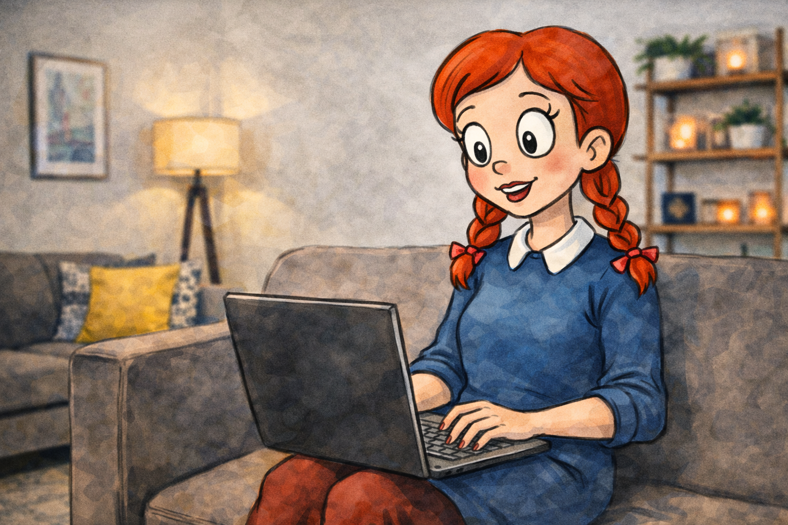 Ein freundlich gezeichnetes Mädchen mit roten Zöpfen sitzt auf einem Sofa und arbeitet an einem Laptop auf ihrem Schoß. Sie trägt ein blaues Kleid mit weißem Kragen und lächelt konzentriert auf den Bildschirm. Im Hintergrund sieht man ein gemütliches Wohnzimmer mit Lampe, Kissen, Regal und warmem Licht, was eine ruhige Lern- oder Arbeitssituation vermittelt.
