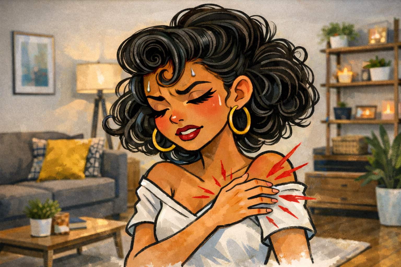 Eine gezeichnete Frau mit lockigem dunklem Haar und großen Ohrringen steht in einem Wohnzimmer und hält sich schmerzhaft die Schulter. Ihr Gesicht ist angespannt, sie schwitzt leicht, und rote Markierungen zeigen die Schmerzstelle am Arm-/Schulterbereich. Die Szene vermittelt akute körperliche Beschwerden oder Verspannung.