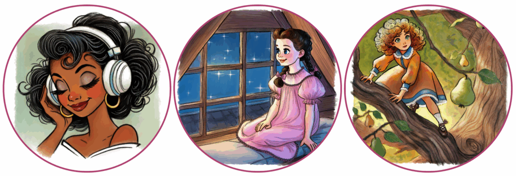 Drei handgezeichnete Kinderbuchillustrationen: Eine junge Frau mit Kopfhörern genießt Musik, ein Mädchen im Nachthemd schaut verträumt aus dem Fenster, ein neugieriges Kind mit Locken klettert in einem Birnbaum – Illustrationen von Yvonne Schütt.