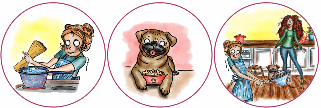 Handgezeichnete Illustration aus dem Kinderbuch Spagetti Blognetty: Links hält das Mädchen Netti einen Kochtopf mit Spagetti, in der Mitte frisst ihr Mops aus einem Napf, rechts steht Netti mit ihrer Mutter in einer bunten Küche. Alle Szenen sind farbenfroh, lebendig und mit Humor illustriert.