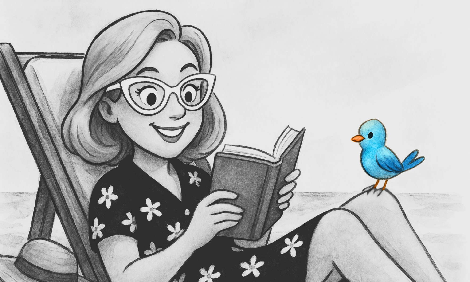 Eigenillustration: Yvonne Schütt mit weißer Brille liest lächelnd ein Buch im Liegestuhl. Auf ihrem Knie sitzt ein blauer Vogel. Schwarz-weiß gezeichnet mit farbigen Akzenten – eine Szene voller Leichtigkeit und Freude.