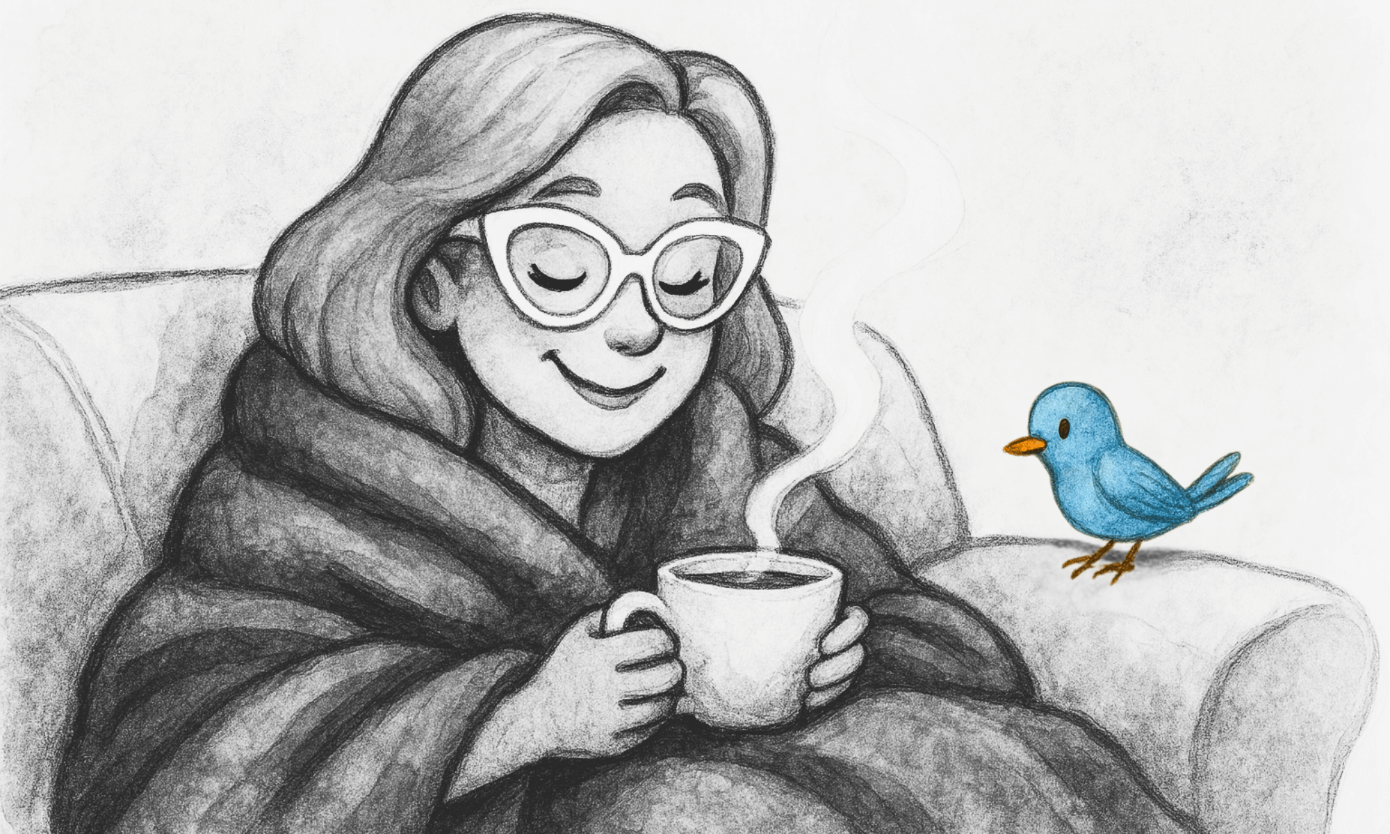 Selbstillustration von Yvonne Schütt: Eine Frau mit weißer Brille sitzt eingehüllt in eine Decke gemütlich auf einem Sessel, eine dampfende Tasse in der Hand. Ein blauer Vogel sitzt auf der Sessellehne. Die Szene strahlt Ruhe, Wärme und Achtsamkeit aus.