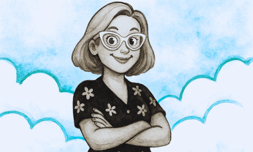 Eigenporträt von Yvonne Schütt in digitaler Schwarz-Weiß-Zeichnung, auf dem sie selbstbewusst vor einem Wolkenhintergrund steht.