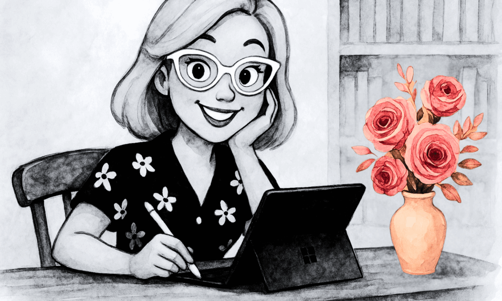 Illustration von Yvonne Schütt in schwarz weiß am Tablet zeichnend.