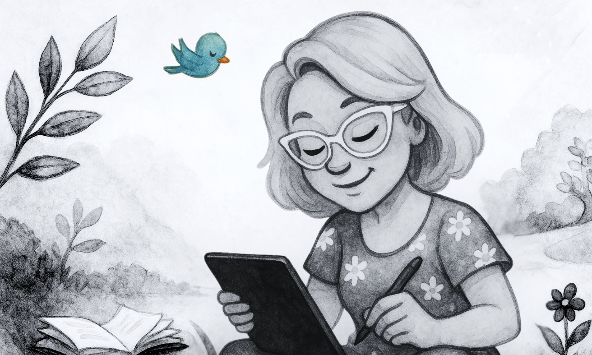 llustration im Aquarellstil: Eine blonde Frau mit weißer Brille sitzt im Schneidersitz in der Natur und zeichnet auf einem Tablet. Neben ihr liegt ein offenes Buch im Gras, über ihr fliegt ein kleiner blauer Vogel. Die Szene wirkt ruhig, kreativ und freundlich.