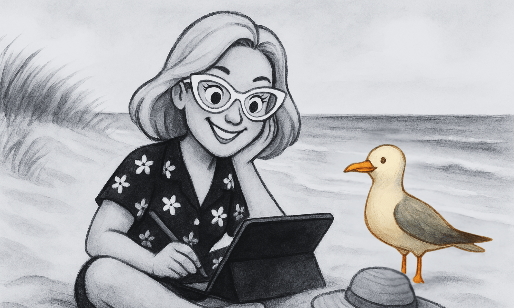 Aquarell-Illustration: Yvonne Schütt sitzt im Sand am Strand, zeichnet auf einem Tablet. Neben ihr eine Möwe, im Vordergrund liegt ein Sonnenhut.