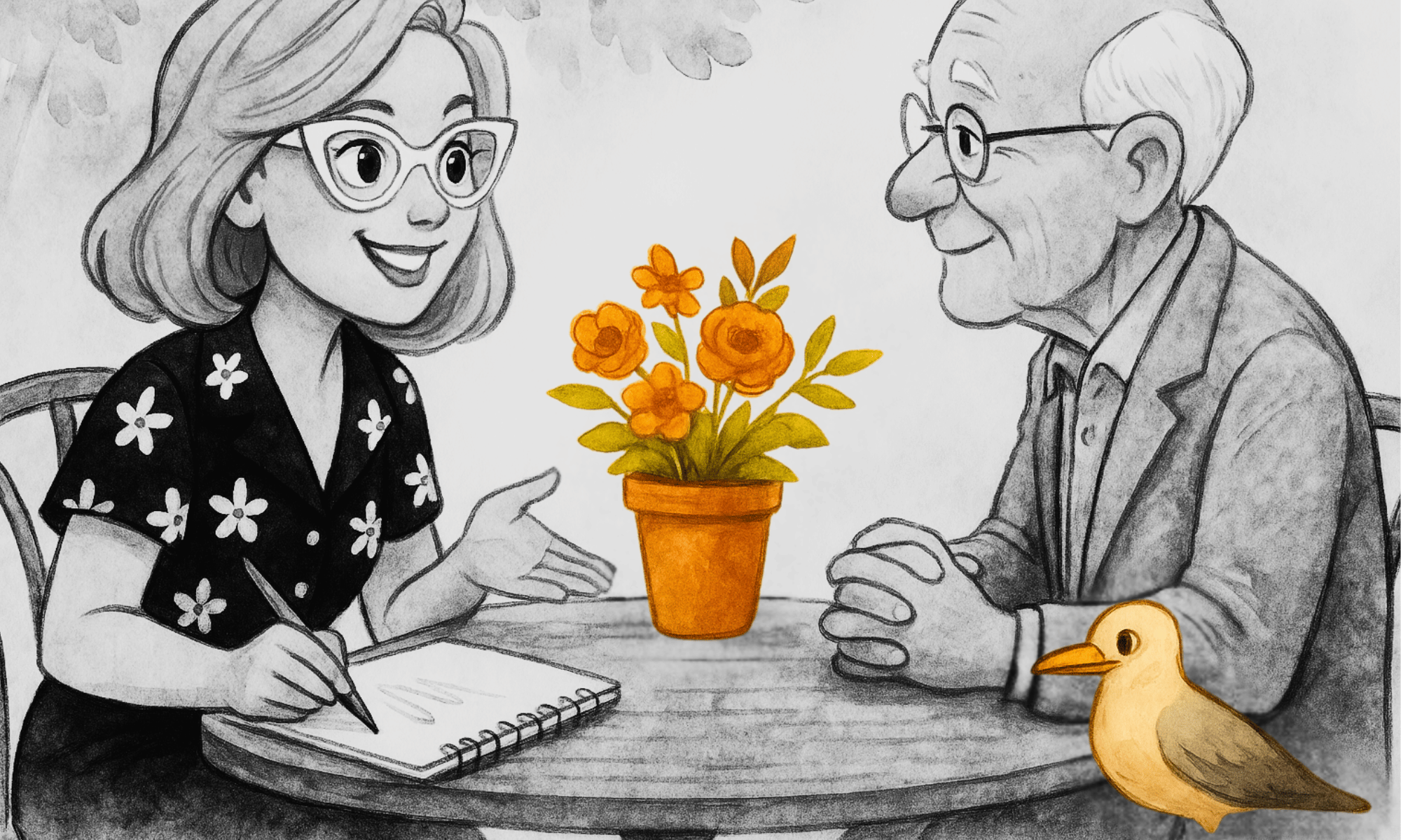 Selbst illustrierte Szene: Yvonne Schütt im Gespräch mit einem älteren Mann an einem Tisch, dazwischen ein orangefarbener Blumentopf, daneben eine Möwe.