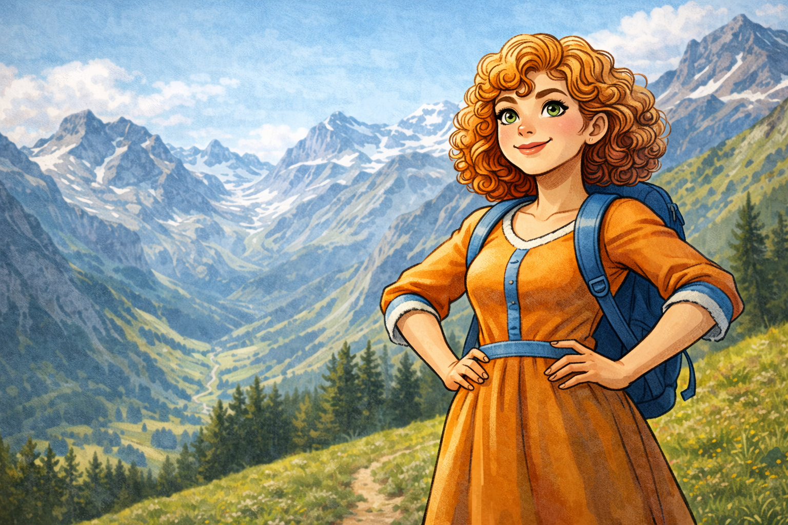 Ein fröhlich gezeichnetes Mädchen mit lockigen roten Haaren steht auf einem Bergpfad in einer alpinen Landschaft. Sie trägt ein orangefarbenes Kleid und einen Rucksack, die Hände selbstbewusst in die Hüften gestemmt, und blickt zufrieden ins Tal. Im Hintergrund erstrecken sich grüne Wiesen, Nadelbäume und schneebedeckte Gipfel unter blauem Himmel – die Szene vermittelt Abenteuerlust und Naturerlebnis.