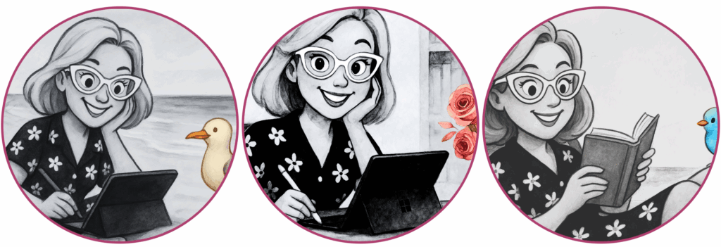 Drei runde Illustrationen im gleichen Stil:
Links – Yvonne Schütt zeichnet am Strand auf einem Tablet, eine Möwe sitzt daneben.
Mitte – Yvonne Schütt arbeitet an einem Tablet, im Hintergrund ein Bücherregal mit einer Vase voller Rosen.
Rechts – Yvonne Schütt sitzt am Meer, liest ein Buch und neben ihr sitzt ein kleiner blauer Vogel.