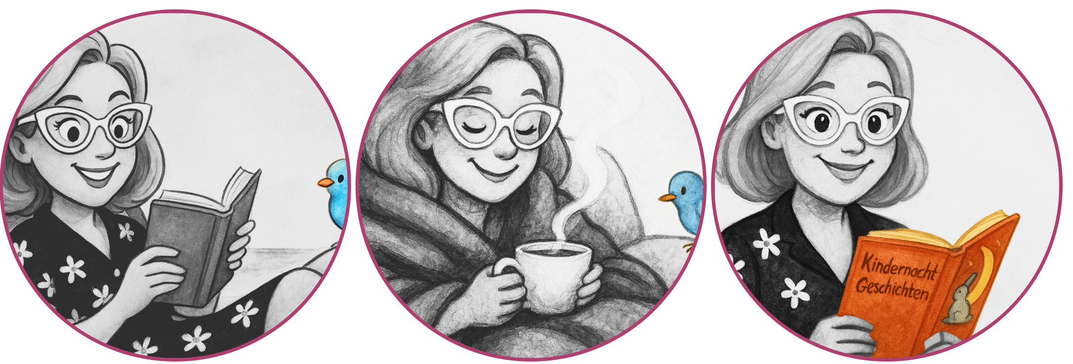 Drei runde Illustrationen im gleichen Stil:
Links –Yvonne Schütt liest ein Buch, neben ihr ein kleiner blauer Vogel.
Mitte – Sie ist in eine Decke gekuschelt, hält eine dampfende Tasse Tee und lächelt entspannt.
Rechts – Sie liest ein orangefarbenes Buch mit dem Titel ‚Kindernacht-Geschichten‘, auf dem Cover ein Hase und der Mond.