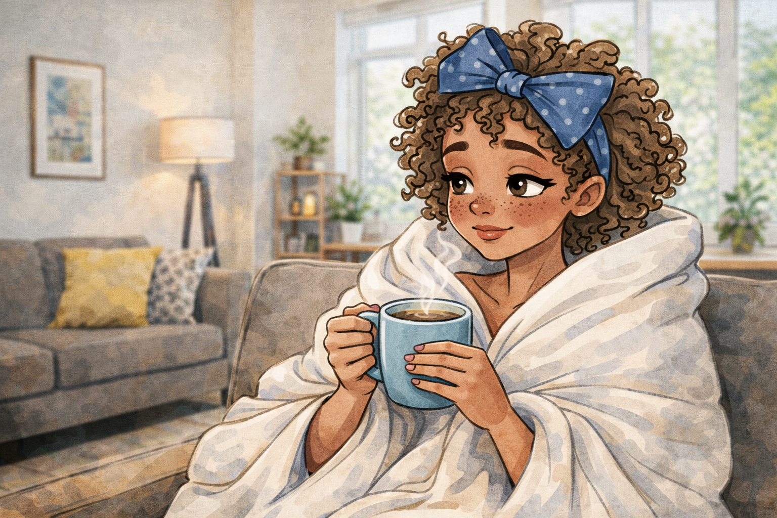 Ein gemütlich gezeichnetes Mädchen im warmen Illustrationsstil sitzt auf einem Sofa, in eine weiche Decke eingekuschelt, und hält eine dampfende Tasse in den Händen. Sie hat lockige Haare mit einer großen blauen Schleife und Sommersprossen im Gesicht. Im Hintergrund sieht man ein wohnliches Wohnzimmer mit Lampe, Pflanzen und Kissen – die Szene wirkt ruhig, entspannt und behaglich.