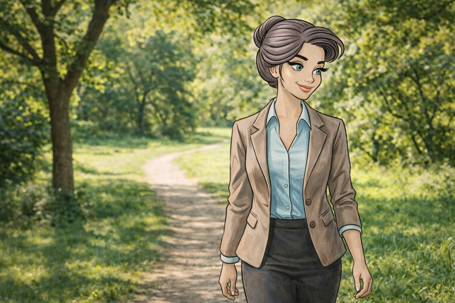 Eine freundlich gezeichnete Frau in Businesskleidung spaziert auf einem schmalen Weg durch einen grünen Park mit Bäumen und Sonnenlicht. Sie trägt Blazer und Bluse, lächelt entspannt und blickt zur Seite. Die Szene wirkt ruhig und erholsam und vermittelt einen Moment der Pause in der Natur.