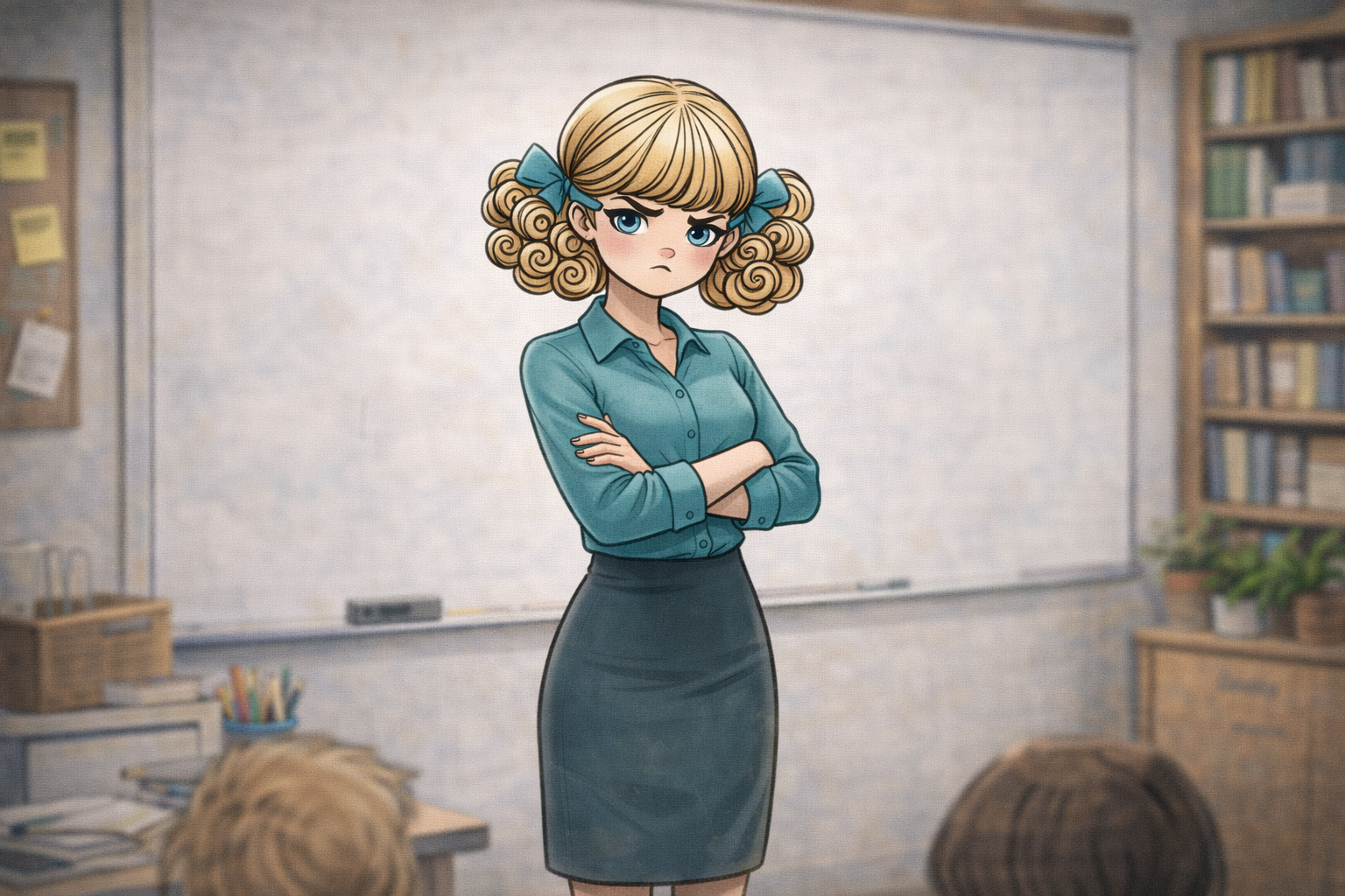 Eine streng blickende, gezeichnete Lehrerin steht mit verschränkten Armen vor einer Tafel in einem Klassenzimmer. Sie trägt Bluse und Rock und wirkt unzufrieden oder ermahnend. Im Vordergrund sind unscharf Schülerinnen und Schüler zu sehen, im Hintergrund Bücherregal und Unterrichtsmaterialien.