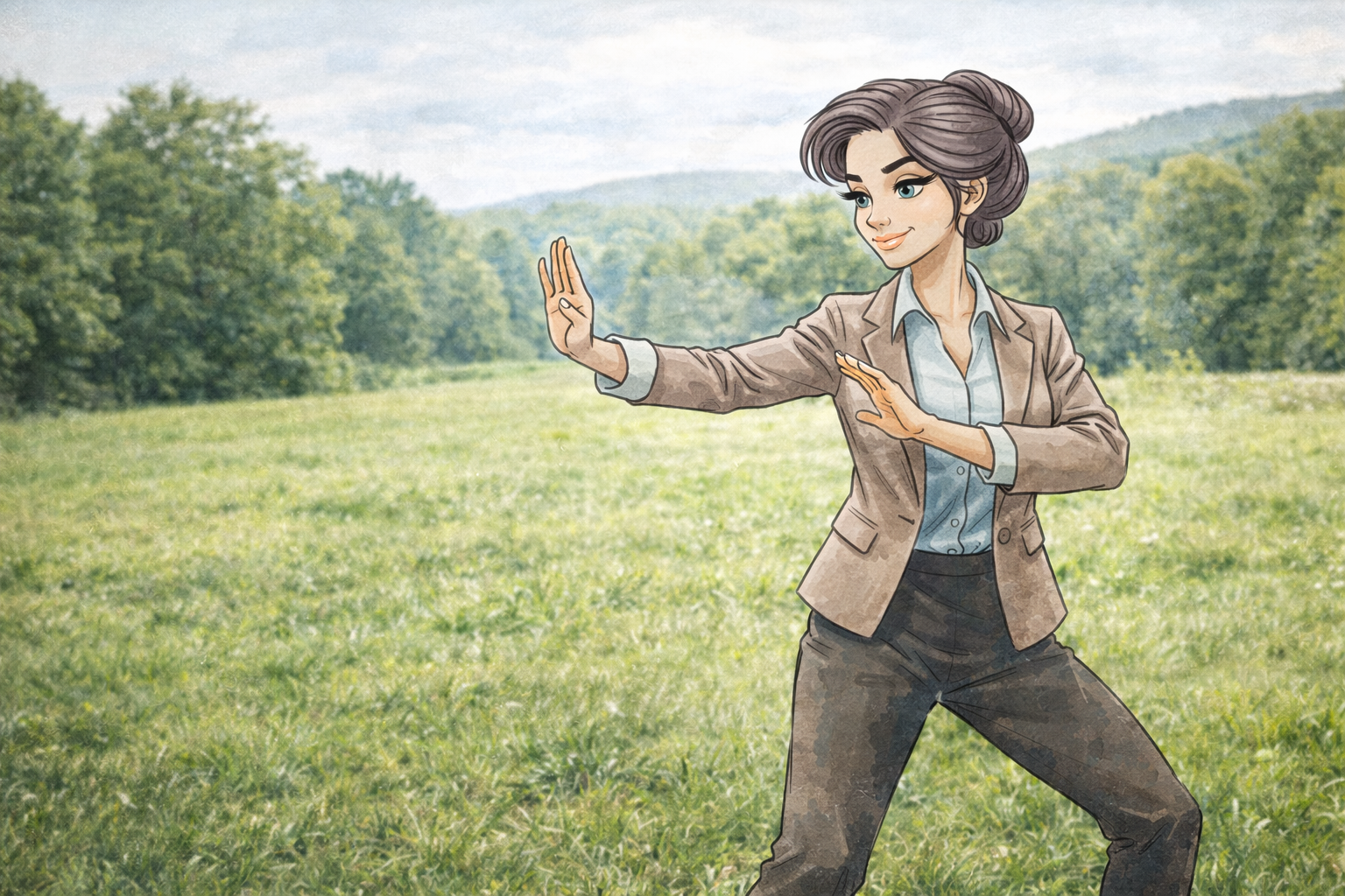 Eine gezeichnete Frau in Businesskleidung steht auf einer Wiese in der Natur und führt ruhige, kontrollierte Bewegungen aus, ähnlich einer Tai-Chi-Übung. Mit leicht gebeugten Knien und erhobenen Händen wirkt sie konzentriert und ausgeglichen. Im Hintergrund sind Bäume und sanfte Hügel zu sehen, was eine entspannte, achtsame Atmosphäre vermittelt.
