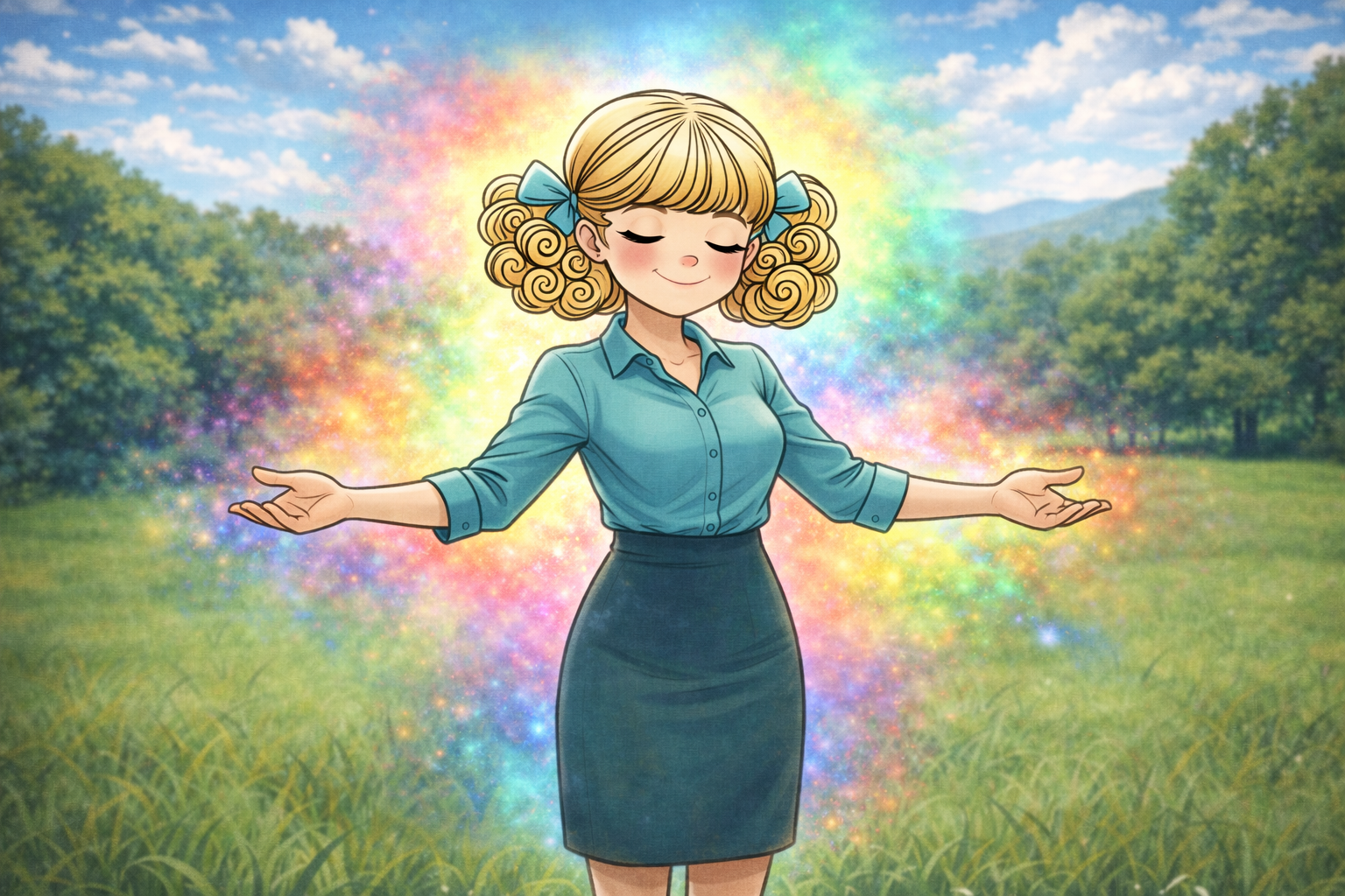 Eine Frau steht entspannt mit geschlossenen Augen auf einer Wiese, die Arme offen ausgebreitet. Hinter ihr leuchtet eine bunte, schimmernde Aura wie ein Regenbogen-Lichtkreis, was Ruhe, innere Balance oder ein positives Gefühl symbolisiert.