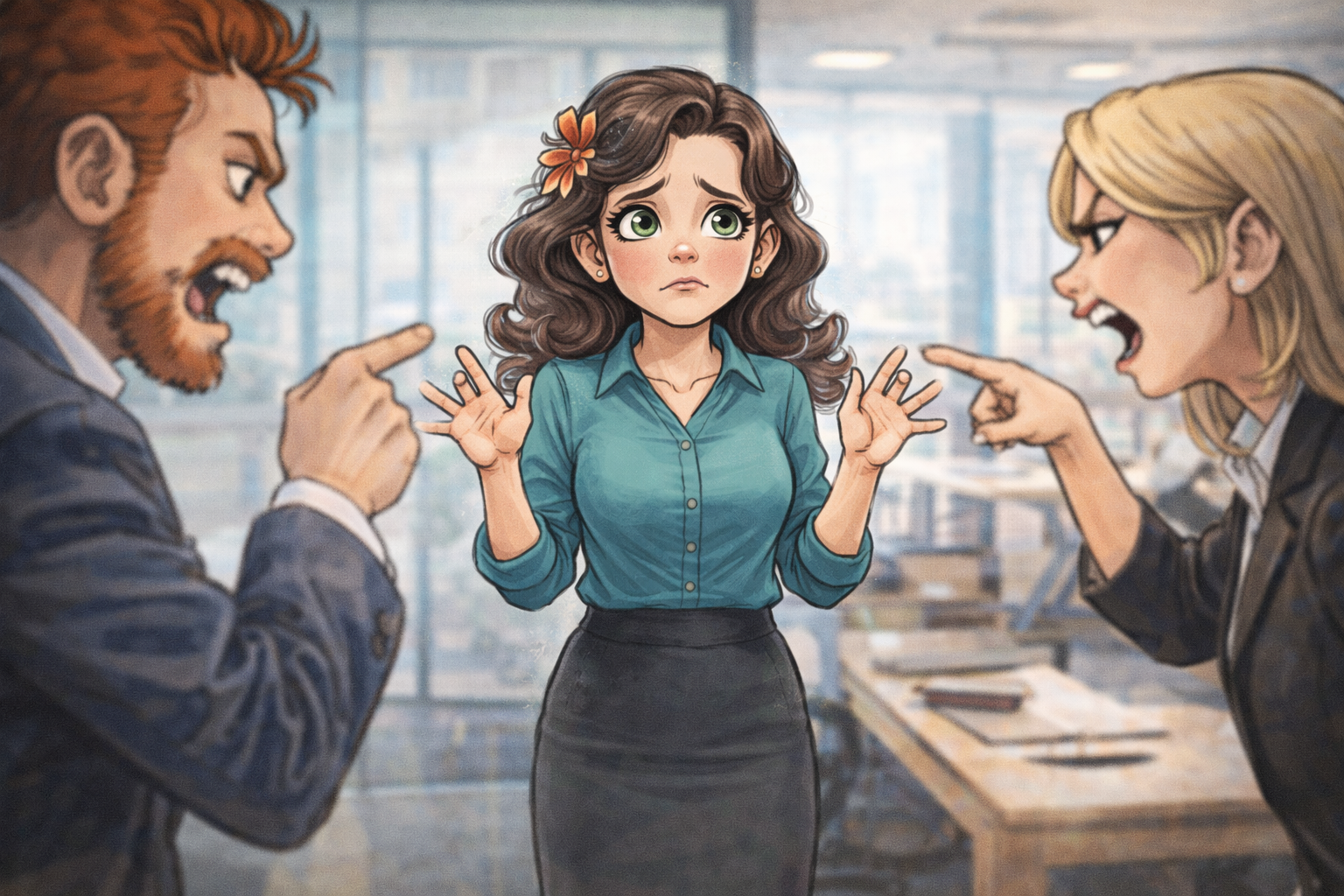 Eine verunsicherte Frau steht in einem Büro zwischen zwei Personen, die sich gegenseitig anschreien und mit dem Finger zeigen. Sie hebt hilflos die Hände und wirkt überfordert. Die Szene stellt einen Konflikt oder Streit dar, bei dem sie zwischen den Fronten steht.