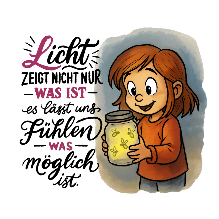 Illustration eines lächelnden Mädchens mit braunen Haaren, das ein Glas voller leuchtender Glühwürmchen in den Händen hält. Links daneben steht in verspielter Handlettering-Schrift: „Licht zeigt nicht nur, was ist – es lässt uns fühlen, was möglich ist.“