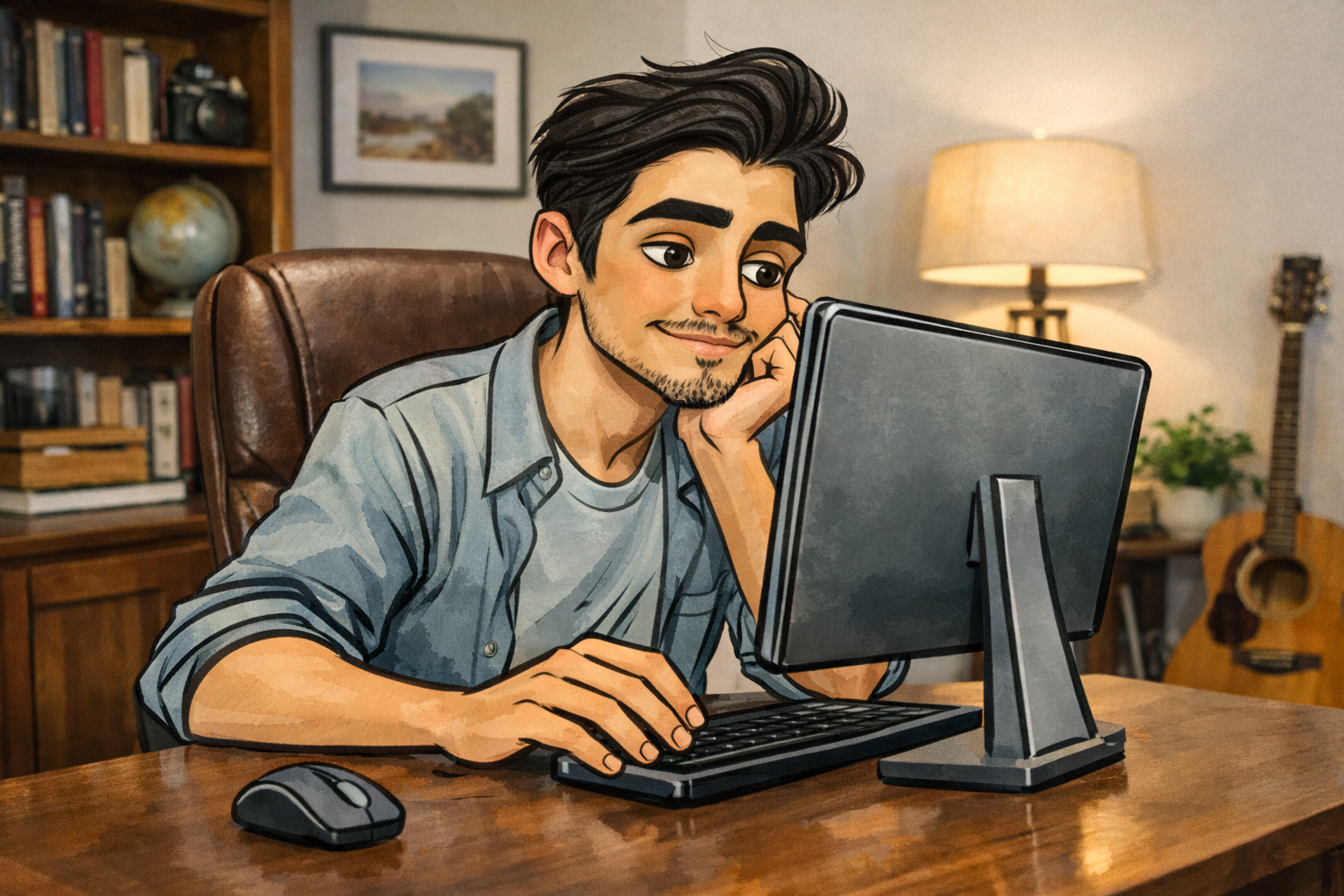 Ein freundlich gezeichneter Mann sitzt an einem Schreibtisch in einem wohnlichen Arbeitszimmer und schaut entspannt auf einen Computerbildschirm. Er stützt den Kopf auf die Hand und tippt mit der anderen auf der Tastatur. Im Hintergrund stehen Bücherregal, Lampe und eine Gitarre – die Szene wirkt ruhig und konzentriert, wie bei einer angenehmen Arbeitssituation zu Hause.