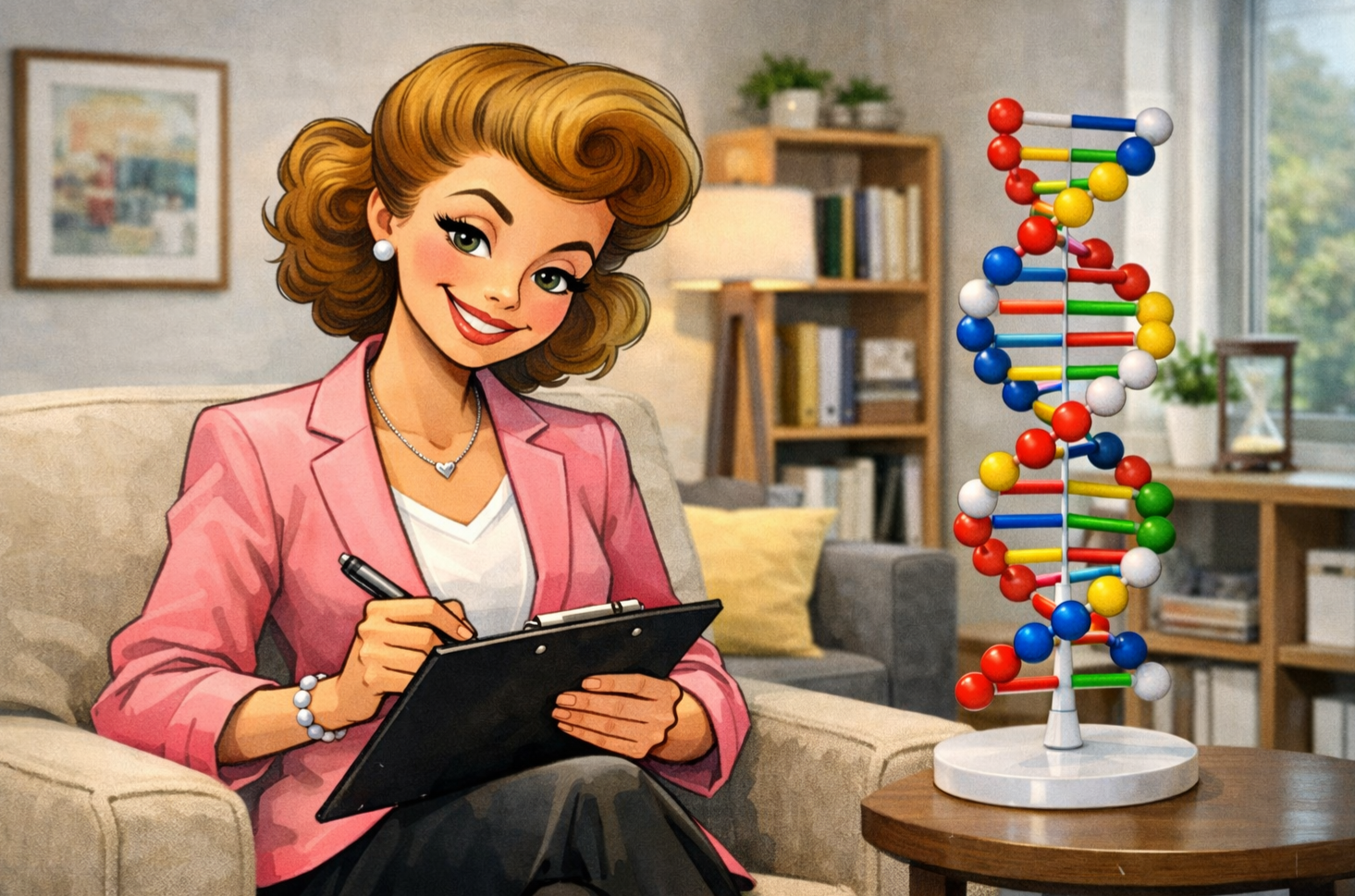 Eine freundlich gezeichnete Frau im Retro-Illustrationsstil sitzt in einem gemütlichen Wohnzimmer-ähnlichen Raum in einem Sessel und schreibt auf ein Klemmbrett. Sie trägt einen rosa Blazer, eine Halskette und lächelt zugewandt. Neben ihr auf einem kleinen Tisch steht ein buntes DNA-Modell. Im Hintergrund sind Bücherregale, Pflanzen und eine Lampe zu sehen, was eine ruhige Beratungs- oder Therapiesituation vermittelt.