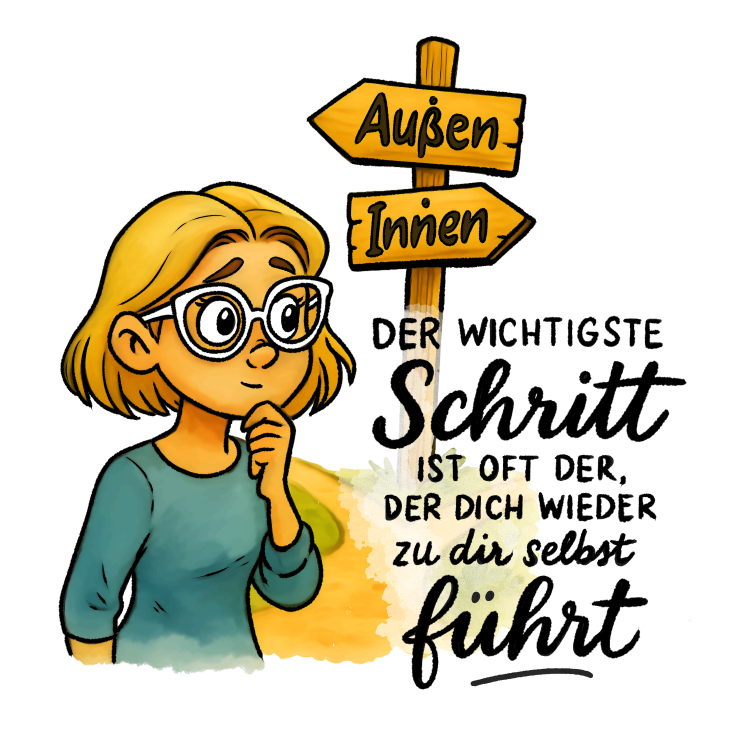 Illustration einer nachdenklichen blonde Frau mit kurzem Bob und Brille vor einem Wegweiser mit den Worten ‚Außen‘ und ‚Innen‘. Neben ihr steht das handgeletterte Zitat: ‚Der wichtigste Schritt ist oft der, der dich wieder zu dir selbst führt.