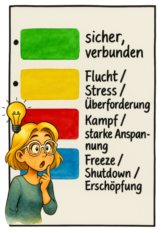 Eine Illustration zeigt vier farbige Bereiche, die unterschiedliche Stress- und Zustandszonen symbolisieren.
Links stehen vertikale Farbfelder: oben Grün, darunter Gelb, dann Rot und unten Blau.
Rechts daneben stehen die zugehörigen Beschreibungen:  Grün: „sicher, verbunden“  Gelb: „Flucht / Stress / Überforderung“  Rot: „Kampf / starke Anspannung“  Blau: „Freeze / Shutdown / Erschöpfung“  Unten links steht eine gezeichnete Person mit blondem Haar und Brille, die nachdenklich wirkt. Über ihrem Kopf leuchtet eine Glühbirne als Symbol für eine Idee.