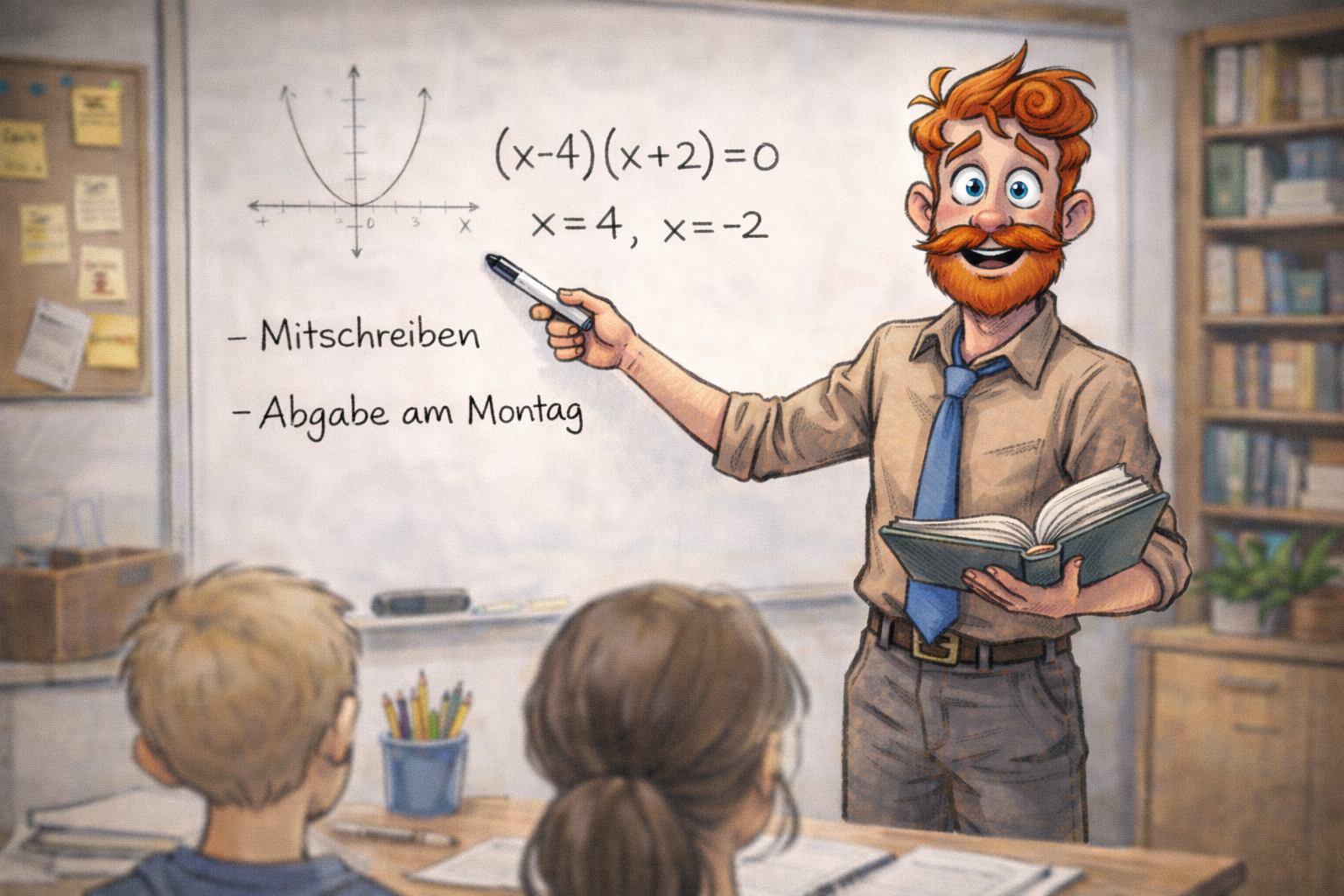 Ein freundlicher Lehrer mit rotem Bart steht vor einer Tafel im Klassenraum und erklärt Mathematik. Auf der Tafel sind eine Parabel sowie die Gleichung „(x-4)(x+2)=0“ mit den Lösungen „x=4, x=-2“ notiert, daneben die Hinweise „Mitschreiben“ und „Abgabe am Montag“. Zwei Kinder sitzen davor und hören zu, während der Lehrer mit einem Stift auf die Tafel zeigt und ein Buch in der Hand hält.
