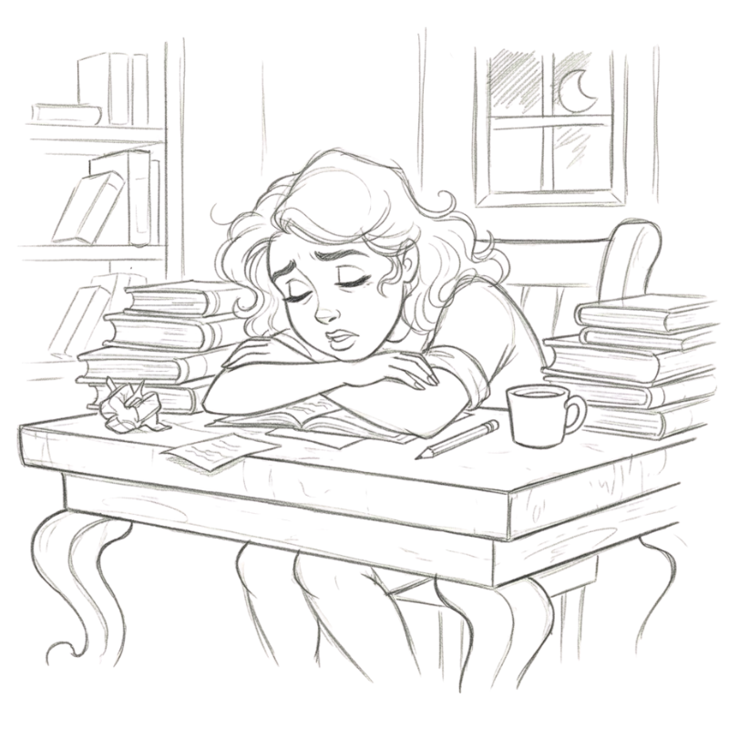 Eine Bleistiftskizze als Illustration. Eine junge Frau mit lockigem Haar sitzt erschöpft an einem hölzernen Schreibtisch. Ihr Kopf ruht schwer auf ihren verschränkten Armen, die Augen sind müde geschlossen und ihr Ausdruck wirkt ausgelaugt. Auf dem Tisch stapeln sich links und rechts hohe Bücherberge; ein einzelner Bleistift, eine Kaffeetasse und zerknülltes Papier liegen verstreut um sie herum. Im Hintergrund erkennt man ein Bücherregal und ein Fenster, durch das eine Mondsichel am Nachthimmel zu sehen ist. Die Zeichnung besteht aus lockeren, sauberen Outlines ohne Schattierung auf hellem Papier.