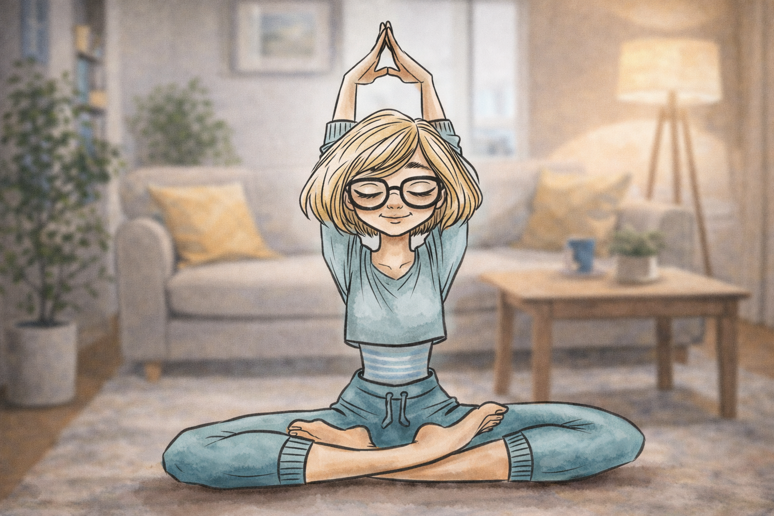 Ein Mädchen sitzt im Schneidersitz auf einem Teppich im Wohnzimmer und meditiert. Die Augen sind geschlossen, die Hände über dem Kopf zusammengeführt. Im Hintergrund stehen Sofa, Pflanze und Lampe – die Szene wirkt ruhig und entspannt.
