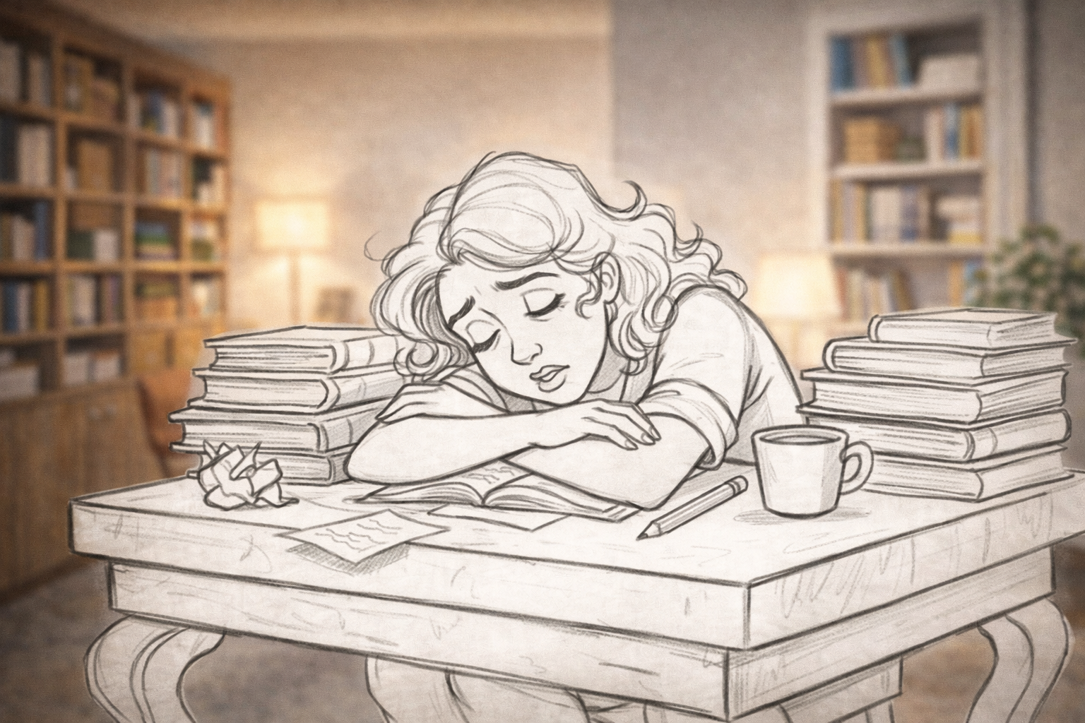 Stress: Eine erschöpfte Frau ist am Schreibtisch eingeschlafen, den Kopf auf den Armen liegend. Um sie herum liegen viele Bücher, Zettel und ein Stift, daneben steht eine Tasse. Die Szene vermittelt Überforderung oder Müdigkeit beim Lernen oder Arbeiten.