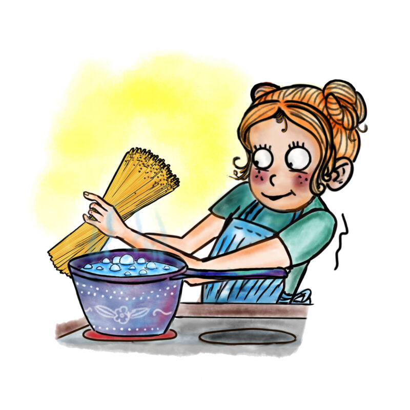 Illustration von Mädchen, welches Spagetti in einen Topf füllt.