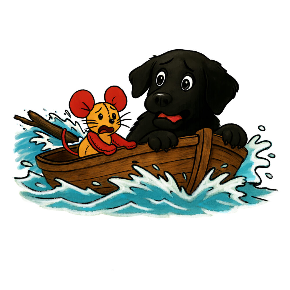 Hund und Plüschmaus im Boot im Wasser. Das Wasser war unruhig.
