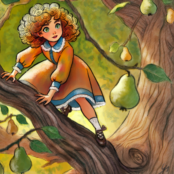 Illustration eines lockigen Mädchens im Kleid, das auf einem Ast eines Birnbaums klettert, während um sie herum grüne und gelbe Birnen hängen.