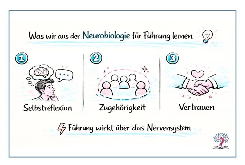 Illustration mit dem Titel „Was wir aus der Neurobiologie für Führung lernen“. Drei Bereiche zeigen die Kernthemen Selbstreflexion (denkender Mensch mit Gehirn-Symbol), Zugehörigkeit (Gruppe von Menschen) und Vertrauen (Händedruck mit Herz). Darunter der Hinweis: „Führung wirkt über das Nervensystem“. Ruhige, handgezeichnete Darstellung im Flipchart- und Aquarellstil.