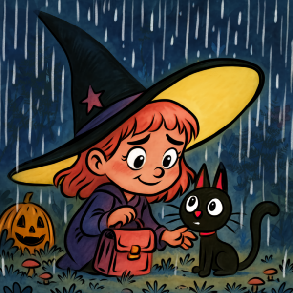 Kinderbuchillustration eines Mädchens mit Hexenhut, das im Regen neben einem schwarzen Kätzchen sitzt; im Hintergrund steht ein geschnitzter Kürbis.