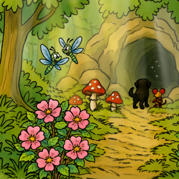 Kinderbuchartige Illustration eines Hundes und einer kleinen Maus, die auf einem Waldweg auf eine Höhle zugehen, während Blumen, Pilze und Libellen den Weg umgeben.