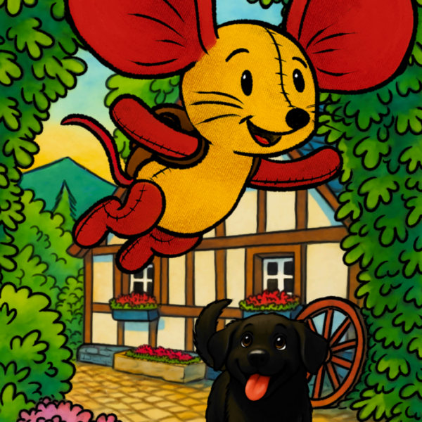 Bunte Illustration einer fliegenden Stoffmaus über einem schwarzen Hund vor einem Fachwerkhaus mit Blumen und Bäumen.