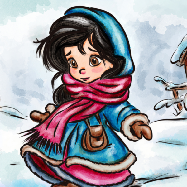 Aquarellartige Illustration eines warm gekleideten Mädchens mit blauem Mantel und pinkem Schal, das fröhlich, verträumt durch eine verschneite Winterlandschaft läuft.