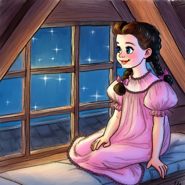 Illustration eines Mädchens im rosa Nachthemd, das auf dem Fensterbrett sitzt und durch das Fenster in einen sternklaren Nachthimmel blickt.