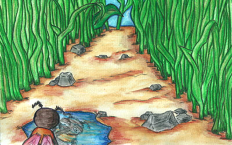 Kinderbuchartige Illustration eines Weges durch hohes Gras mit Steinen und einer kleinen Wasserstelle, an der ein Insektenkind kniet und ins Wasser schaut.