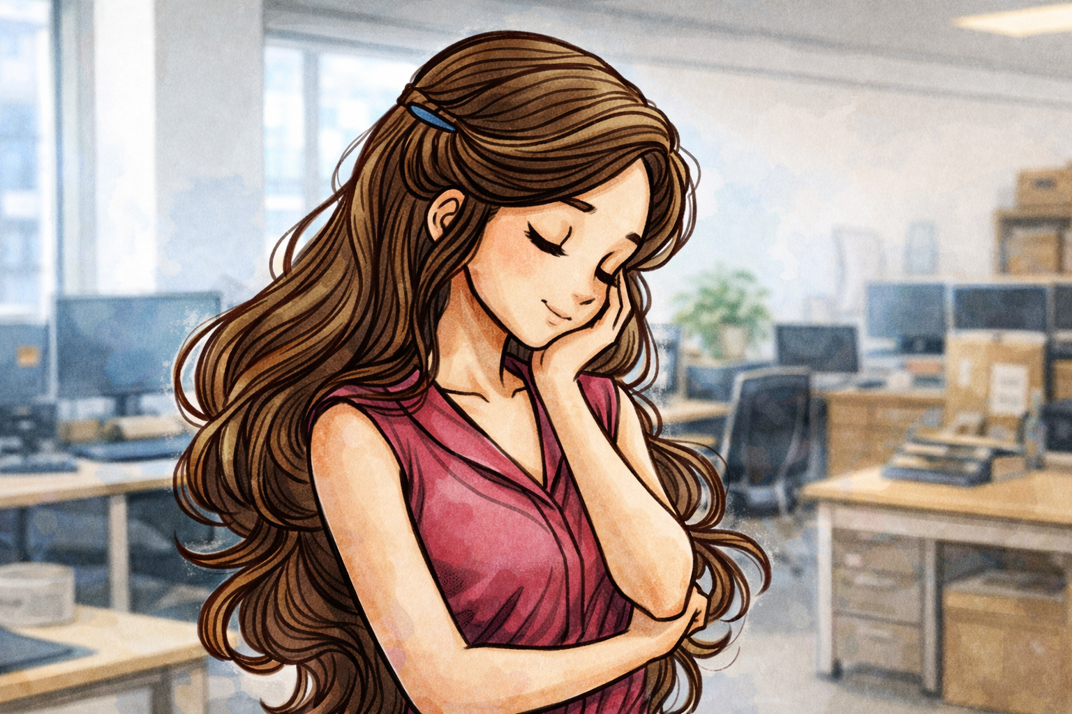 Junge Frau mit langen braunen Haaren und Haarspange steht gedankenverloren in einem hellen Großraumbüro, stützt den Kopf auf die Hand und trägt eine ärmellose weinrote Bluse; im Hintergrund unscharfe Schreibtische, Computer und Kartons.