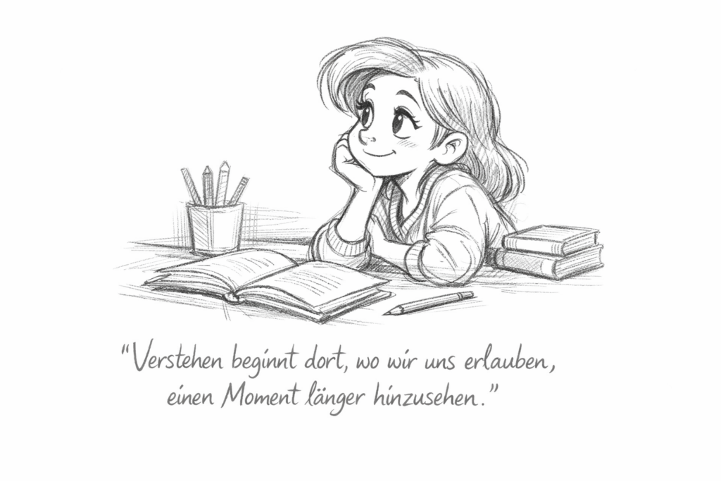 Mädchen träumend auf dem Schreibtisch lehnend. Darunter Zitat "Verstehen beginnt dort, wo wir uns erlauben, einen Moment länger hinzusehen."