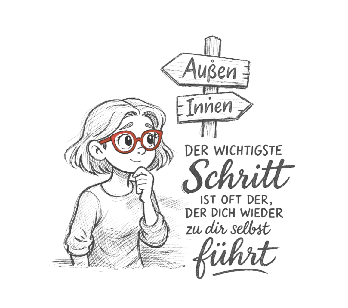 Bleistiftskizze im nostalgischen Cartoonstil einer nachdenklichen Person mit roter Brille vor Wegweisern „Außen“ und „Innen“, Symbol für Selbstreflexion, Wissensvisualisierung und inneres Verstehen