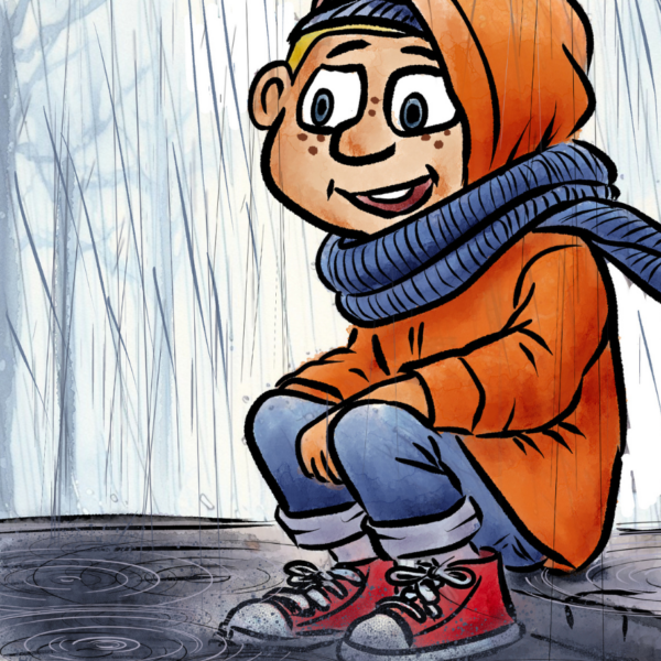 Comicartig gezeichnetes Kind in orangefarbener Jacke und Schal sitzt lächelnd im Regen auf dem Boden, während sich Pfützen um seine roten Turnschuhe bilden.